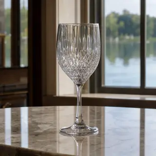 A crystal wine glass on a polished marble counter next to a 