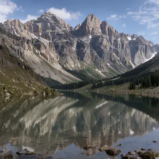 A mountain range reflected in a still alpine lake, with the 