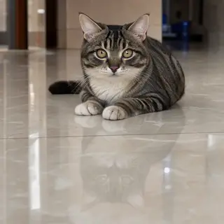 A cat sitting on a polished marble floor with its reflection