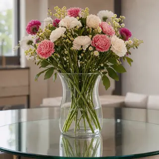 A vase of flowers on a glass table with a clear reflection v