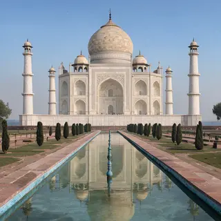 The Taj Mahal in Agra seen from the reflecting pool, with ac
