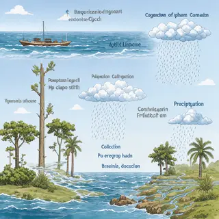 A detailed diagram of the water cycle showing evaporation fr