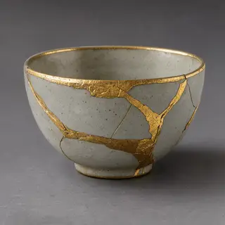 A Japanese kintsugi bowl — cracked ceramic repaired with vis