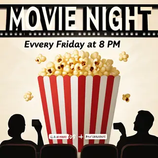 A movie night poster with a large popcorn image in the cente