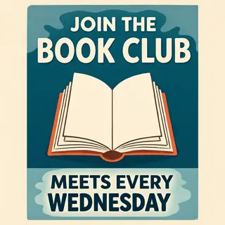A book club poster with an open book illustration, the title