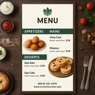 A restaurant menu layout with a logo header, three category 