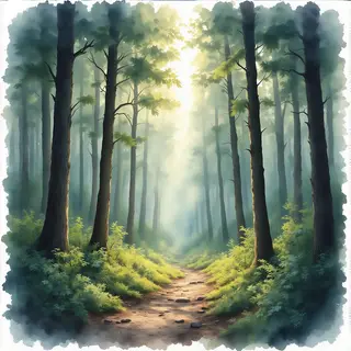 A forest rendered in photorealistic watercolor — the detail 