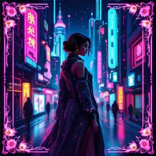 A woman in a futuristic city rendered in cyberpunk Art Nouve
