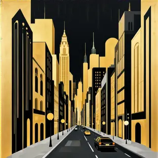 A city street scene in the style of Art Deco — geometric sha