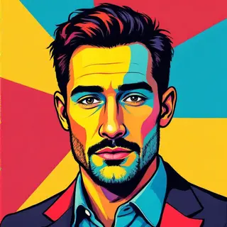 A portrait of a man in Pop Art style — bold outlines, Ben-Da