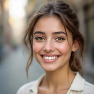 A close-up portrait of a young woman with a warm natural smi