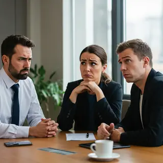 Three coworkers in a meeting: one looking frustrated with fu