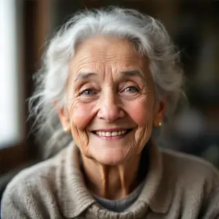 An elderly woman in her 80s with deep wrinkles and white hai
