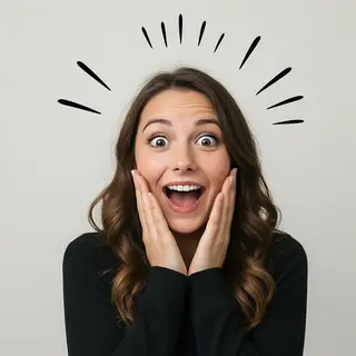 A portrait capturing genuine surprise — raised eyebrows, wid