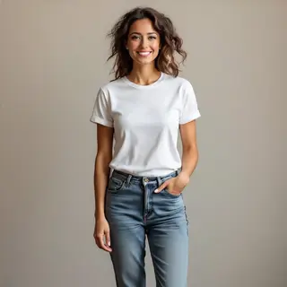 A woman standing upright in a relaxed pose, arms at her side