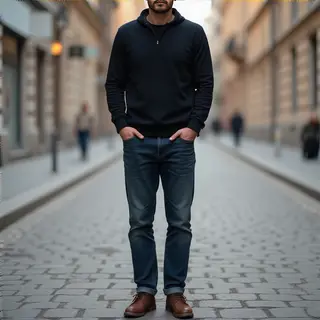 A man standing straight facing the camera, hands in pockets,