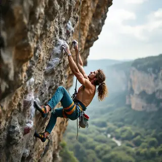 A rock climber clinging to a cliff face with arms and legs e