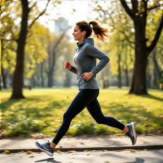 A woman mid-stride running through a park, hair and clothes 