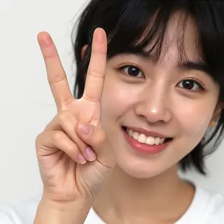 A person making a peace sign with their right hand, clearly 
