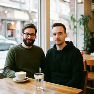 Two men at a cafe: one with a beard and glasses wearing a gr
