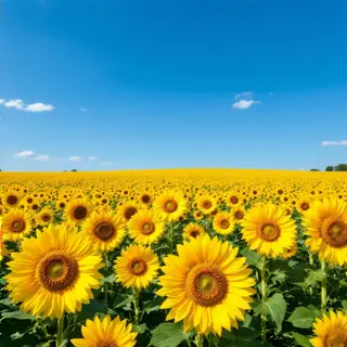 A field of pure sunflower yellow flowers under a clear blue 
