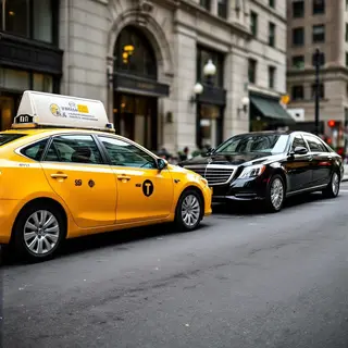 A yellow taxi and a black limousine parked next to each othe