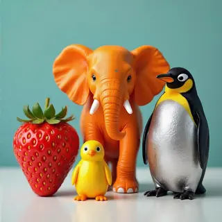 An orange elephant, a yellow penguin, and a silver strawberr