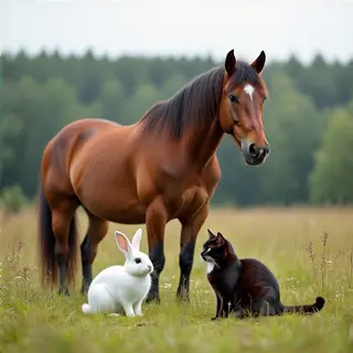 A big brown horse, a small white rabbit, and a medium-sized 