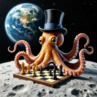 An octopus wearing a top hat and monocle playing chess on th