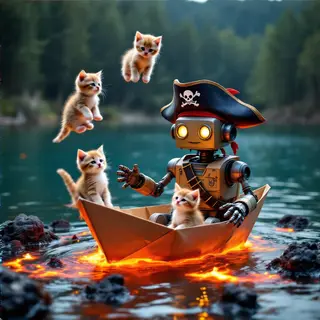 A robot dressed as a pirate sailing a paper boat on a lake o