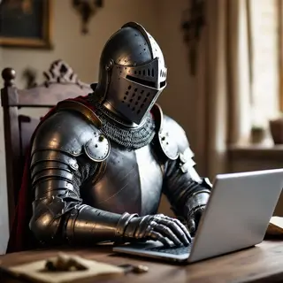 A medieval knight in full armor sitting at a desk typing on 