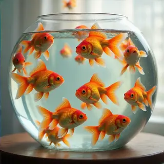 Exactly 9 goldfish swimming in a large round fishbowl