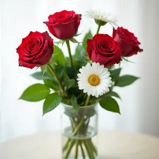 4 red roses and 2 white daisies in a glass vase on a table
