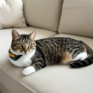 A cat lying on a couch without a collar