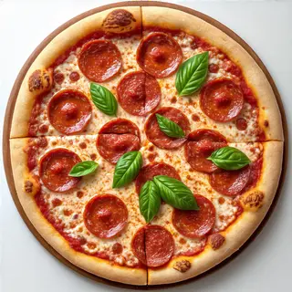 A pepperoni pizza with tomato sauce, basil, and crust but ab