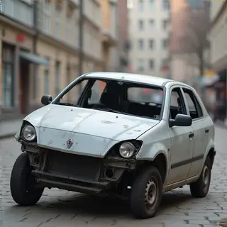 A car body with windows, doors, and headlights but no wheels