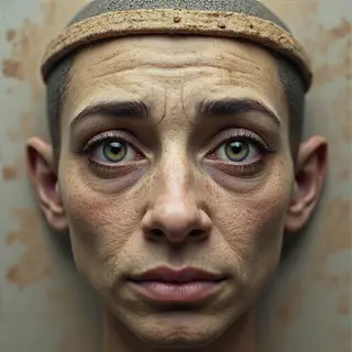 A human face with eyes, nose, and mouth but no eyebrows