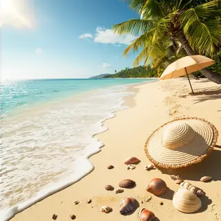 A sandy beach with palm trees, seashells, and a beach umbrel