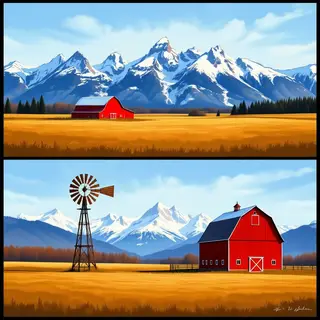 A landscape with a red barn in the foreground at large scale