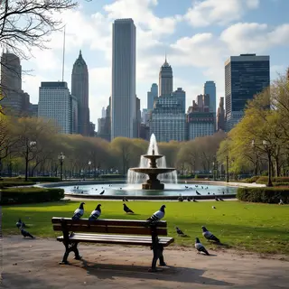 A city park with a park bench and pigeons in the foreground,