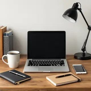A desk scene: laptop in the center, coffee mug to the left, 
