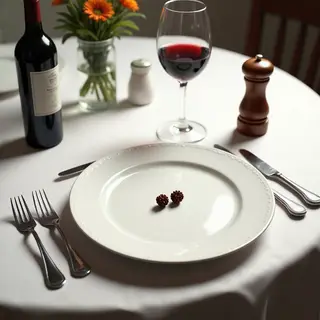 A dinner table scene with a plate, fork, knife, wine glass, 