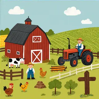 A farm scene with a barn, tractor, farmer, cow, chicken, and