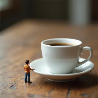 A tiny person standing on the rim of a coffee cup, looking d
