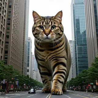 A giant tabby cat walking between city skyscrapers like a ka