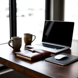A workspace desk with a brushed aluminum laptop, a leather-b