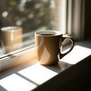 A coffee mug on a sunny windowsill casting a sharp shadow to