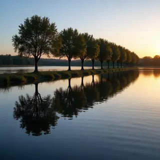 A row of trees reflected in a calm lake at sunset, with the 