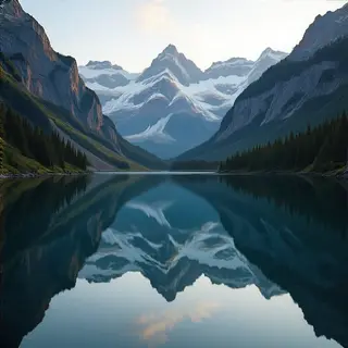 A mountain range reflected in a still alpine lake, with the 