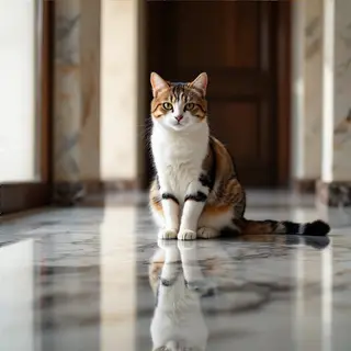 A cat sitting on a polished marble floor with its reflection